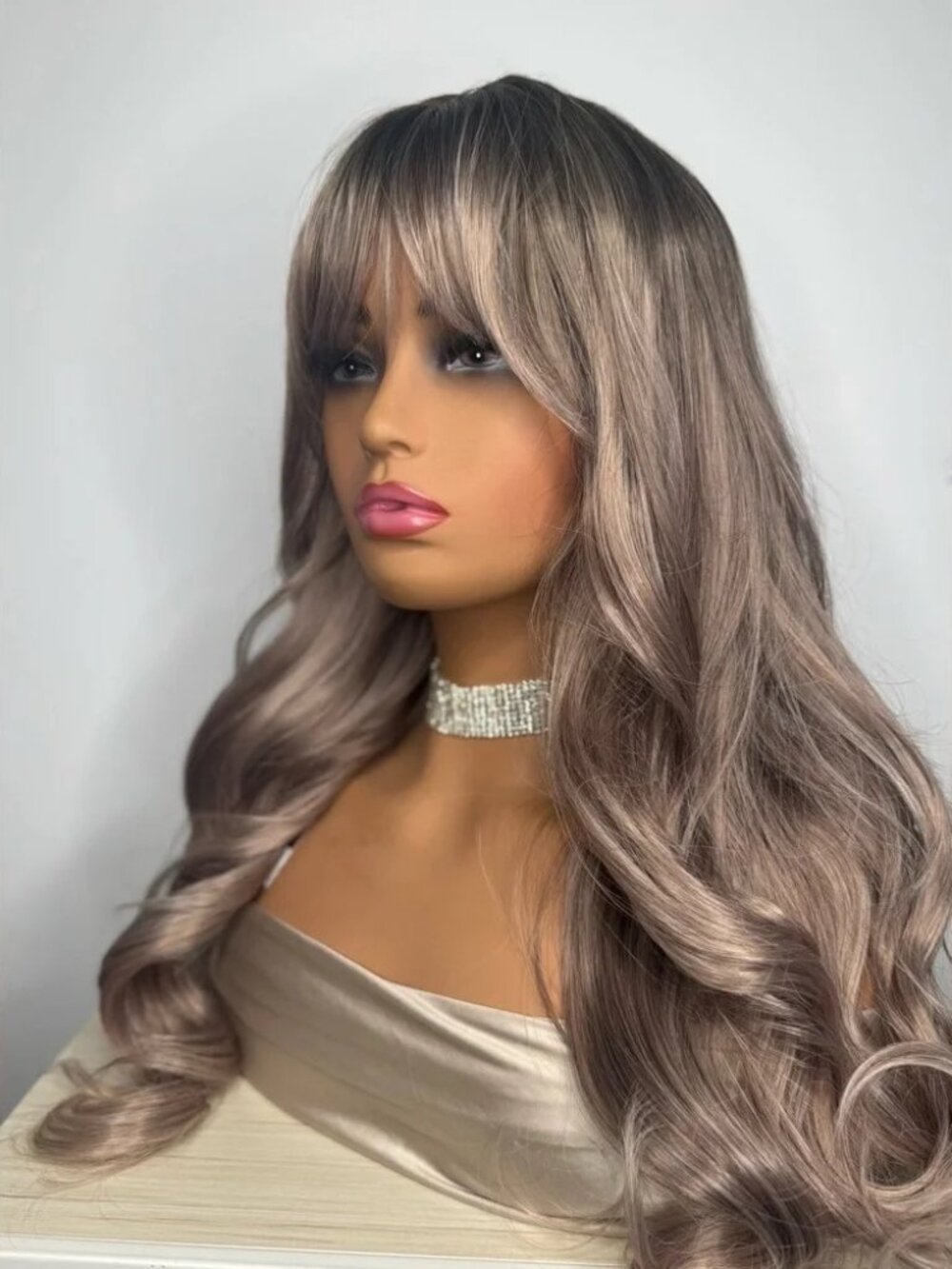 26” Long Wavy Synthetic Wig with Bangs – Ash Brown / Smoky Blonde Blend - Picture 2 of 13